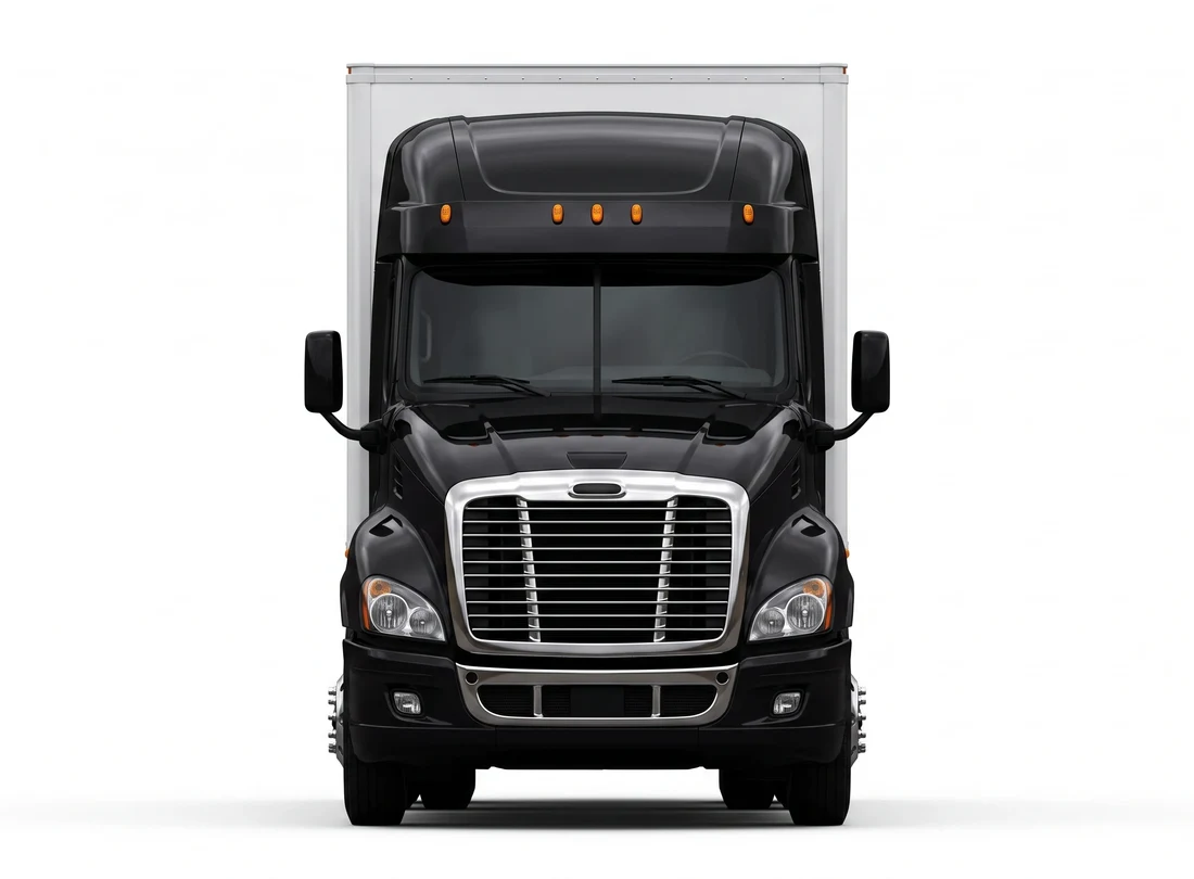 The tractor and trailer seen head on