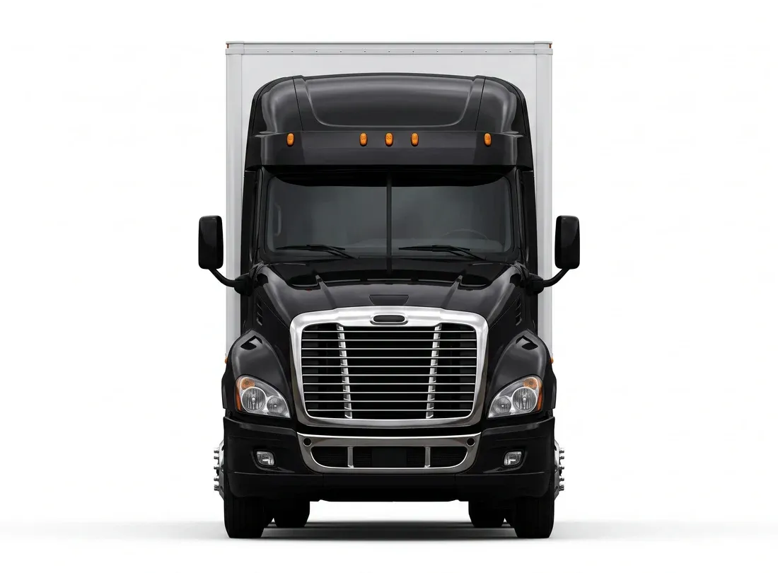 The tractor and trailer seen head on